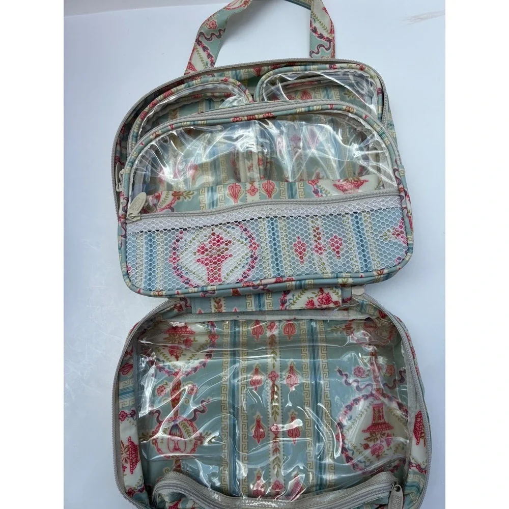 Vintage Style Floral Urn Stripe Travel Toiletry Bag Organizer Blue Pink
